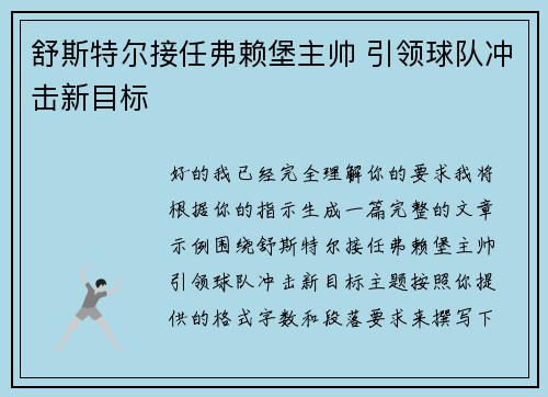 舒斯特尔接任弗赖堡主帅 引领球队冲击新目标 舒斯特尔接任弗赖堡主帅 引领球队冲击新目标