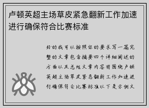 卢顿英超主场草皮紧急翻新工作加速进行确保符合比赛标准